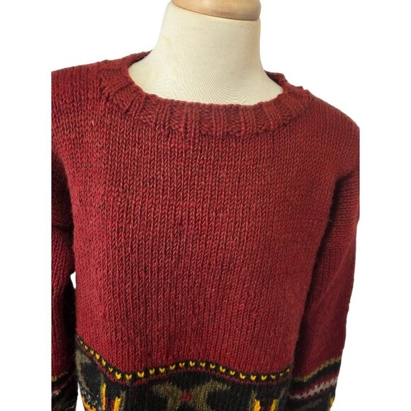Hand Knit 80s/90s Boho Wool Sweater OverSz Uni M-XL Tribal Fringe Hem Brick Red - Picture 4 of 8